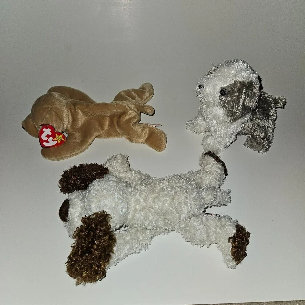 TY Beanie Babies Puppy Dog Plush Lot Brown Tan Fetch Spuds Herder Sheepdog Gray